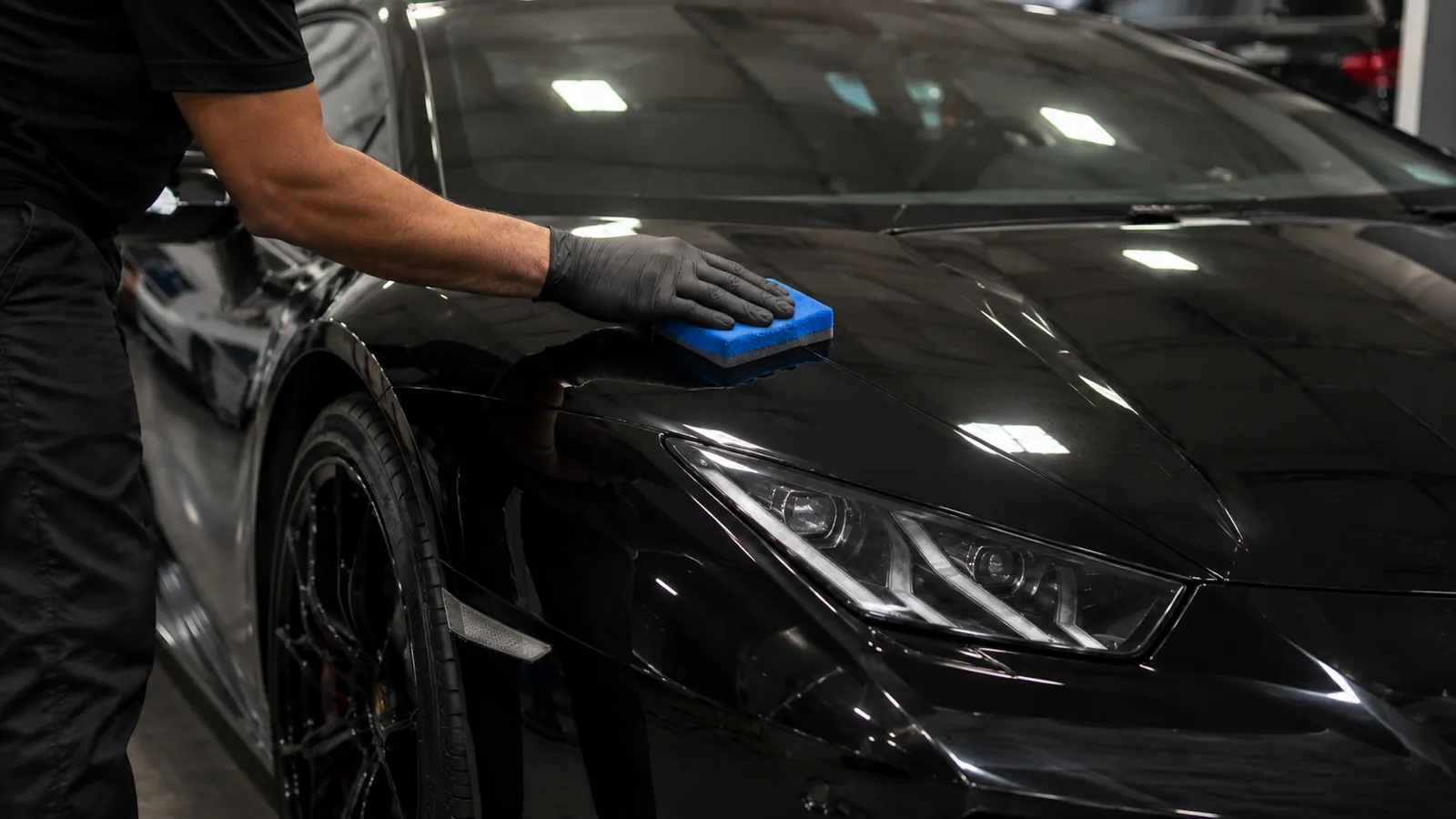Certified installer applying ceramic coating to black paint on a Lamborghini in Frisco, TX