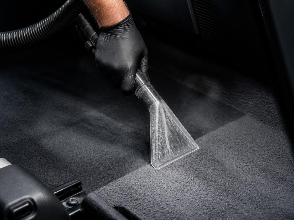 Hot water extractor wand pulling dirt out of dark car carpet during a steam and shampoo carpet clean