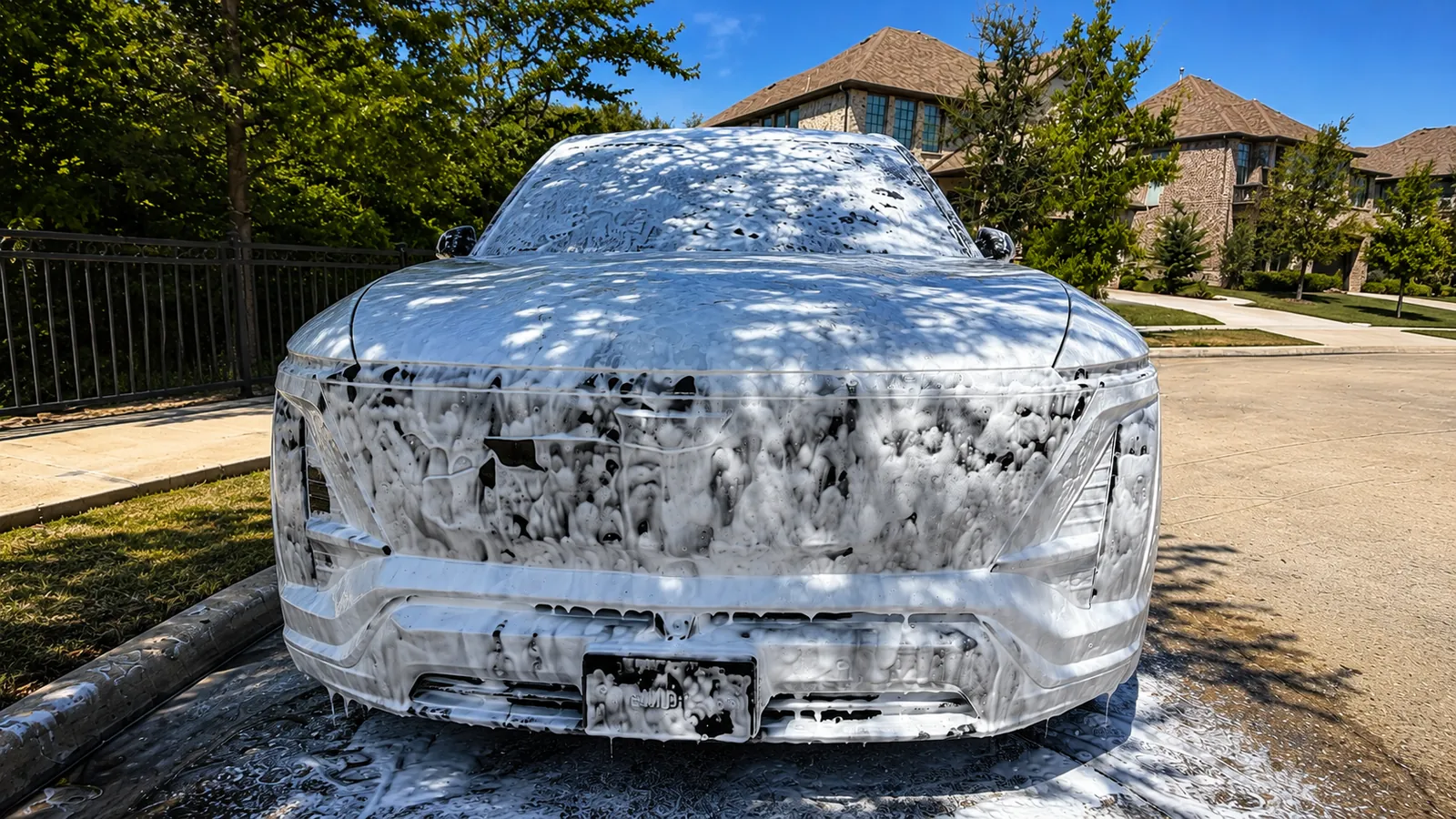 Thick snow foam bath covering a Cadillac during a full service mobile detail in Frisco, TX