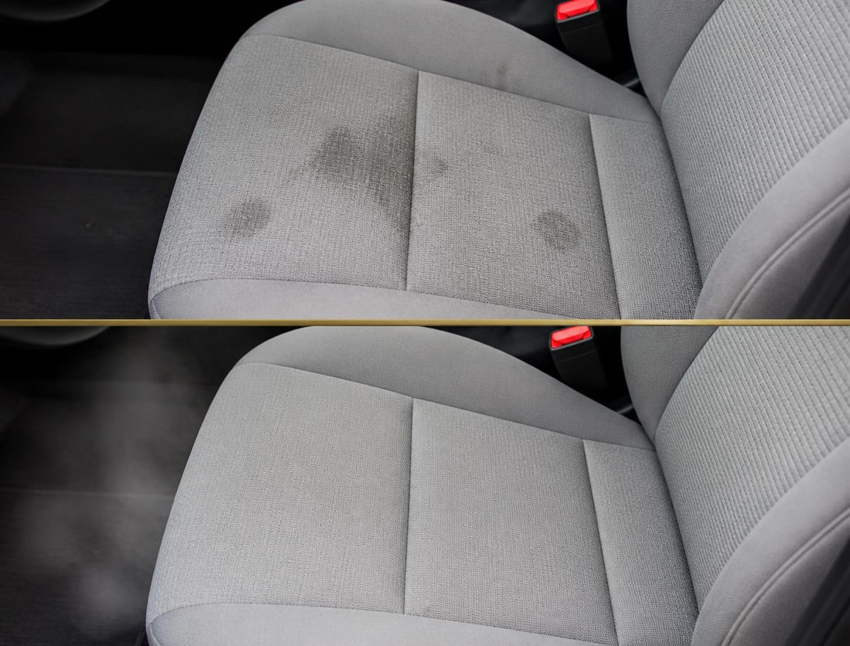 Before and after steam and shampoo cleaning of a stained cloth car seat