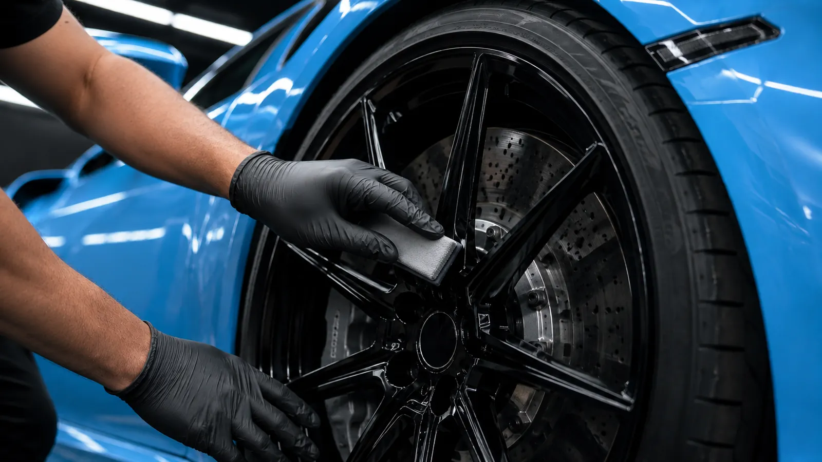 Ceramic wheel coating being applied to a black multi spoke alloy wheel