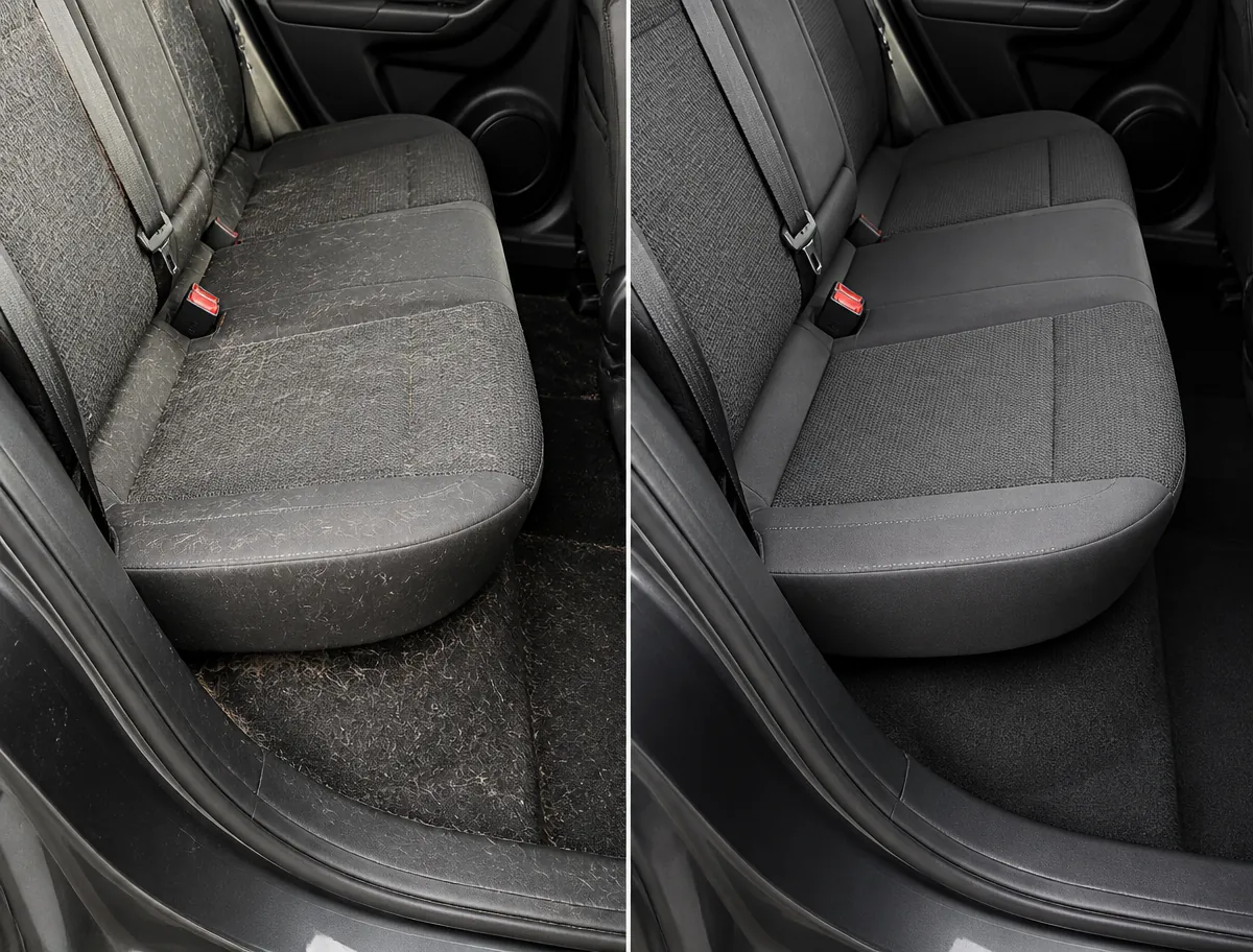 Pet hair being lifted out of vehicle carpet and upholstery during a pet hair removal add on