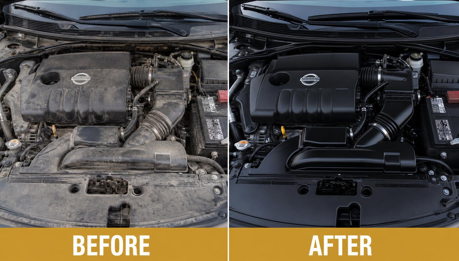Before and after engine bay cleaning showing degreased and dressed engine components