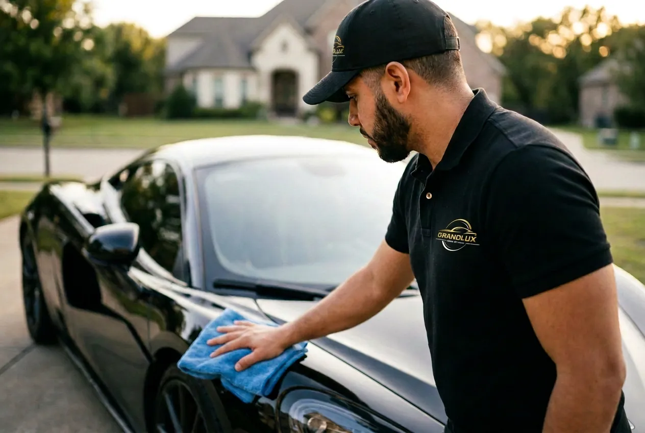 Grandlux Detailing owner in a branded shirt hand drying a black McLaren at a customer's home in Frisco