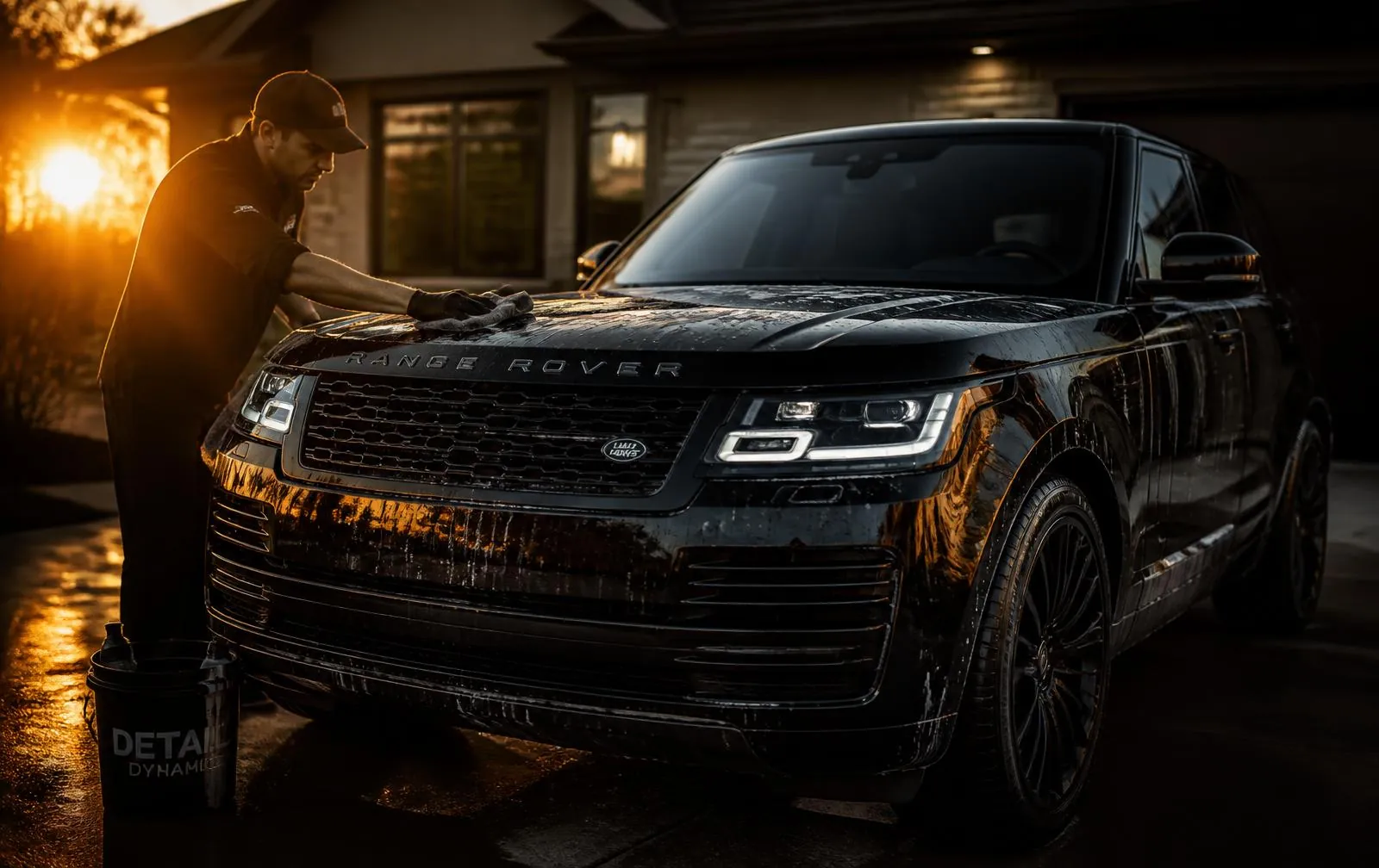 Detailer hand drying a glossy black luxury SUV in a Frisco driveway at sunset